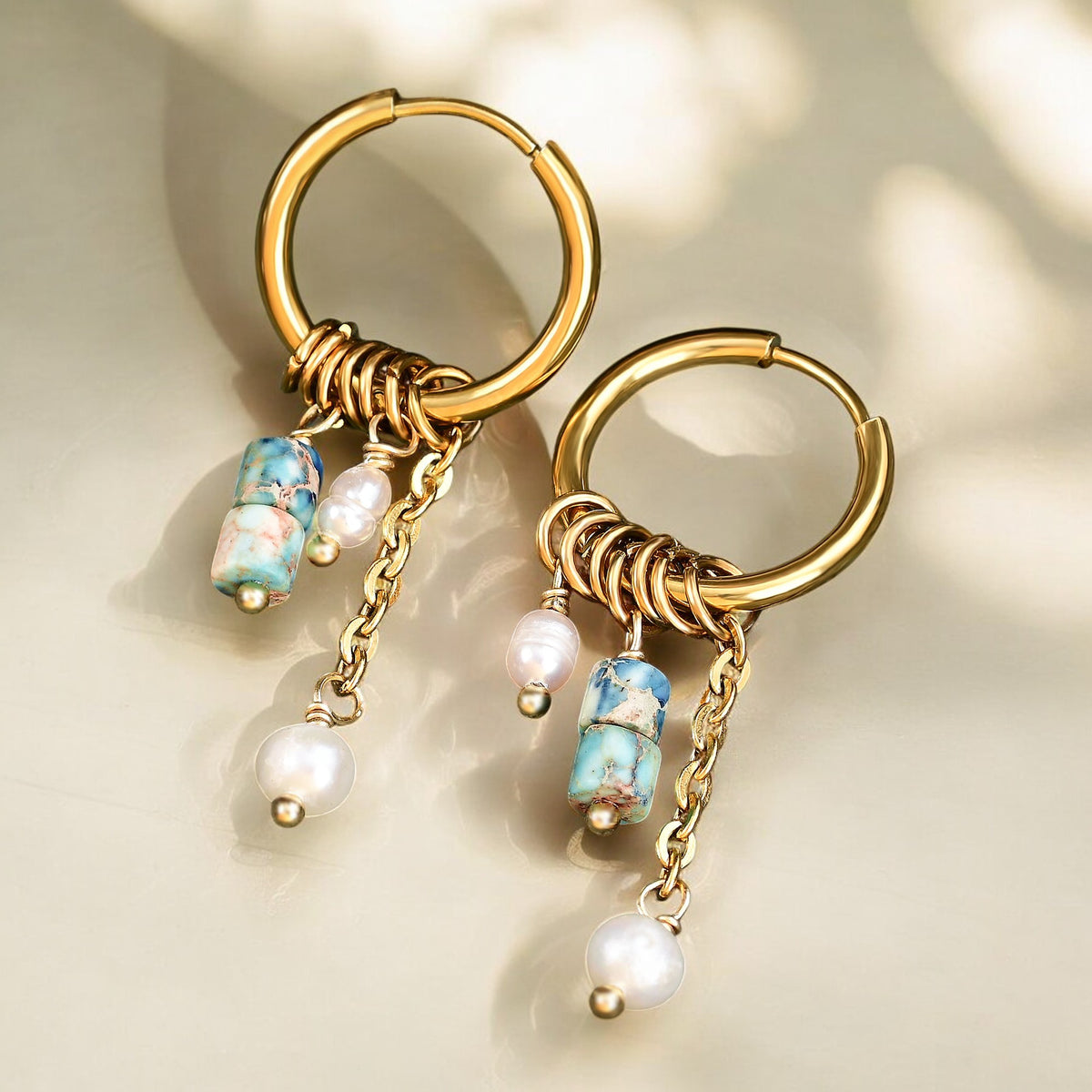 Golden Turquoise Bloom Drop Hoop Earrings