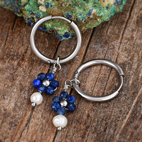 Silver Lapis Lazuli & Pearl Blossom Hoop Earrings