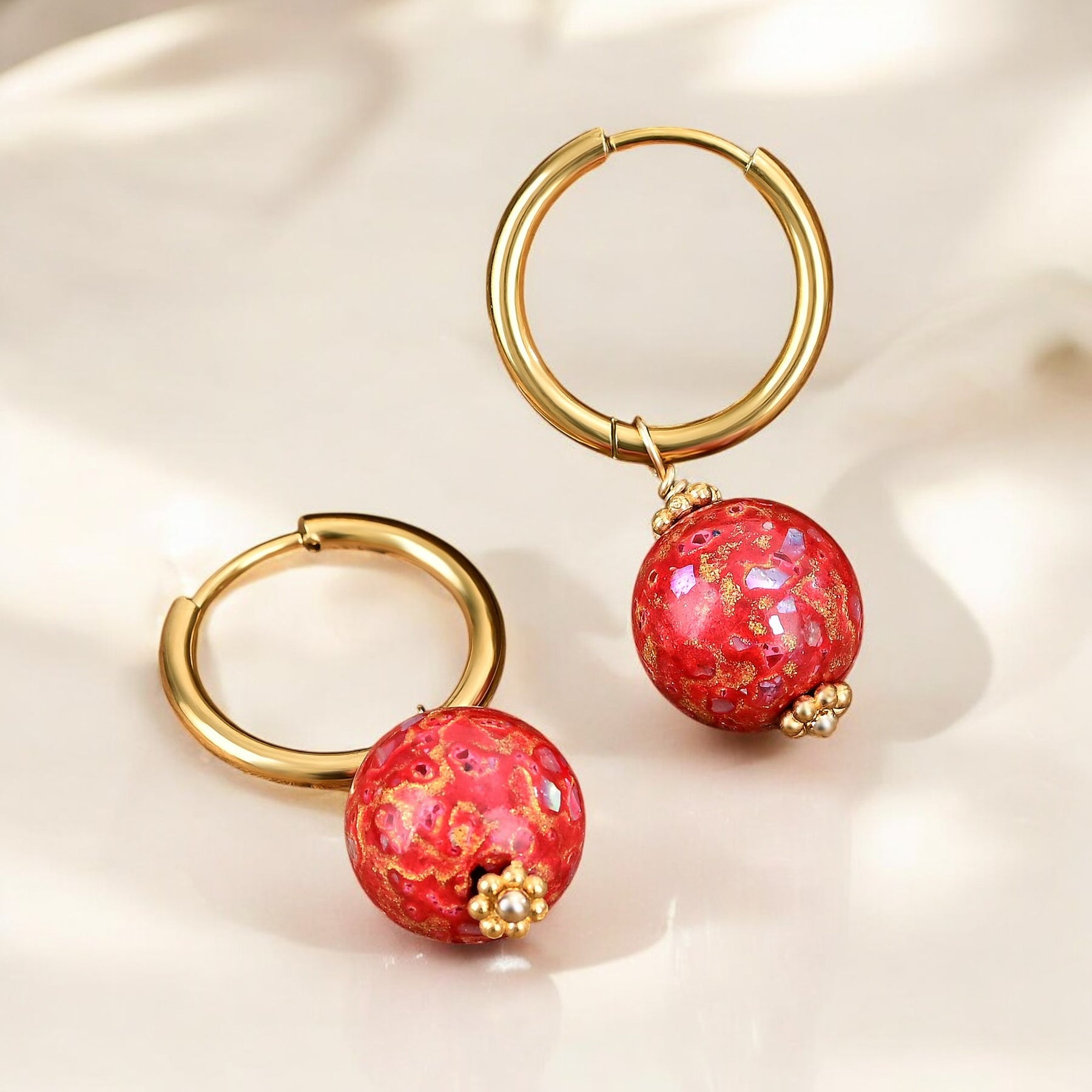 Crimson Orbit Speckle Orb Hoop Earrings