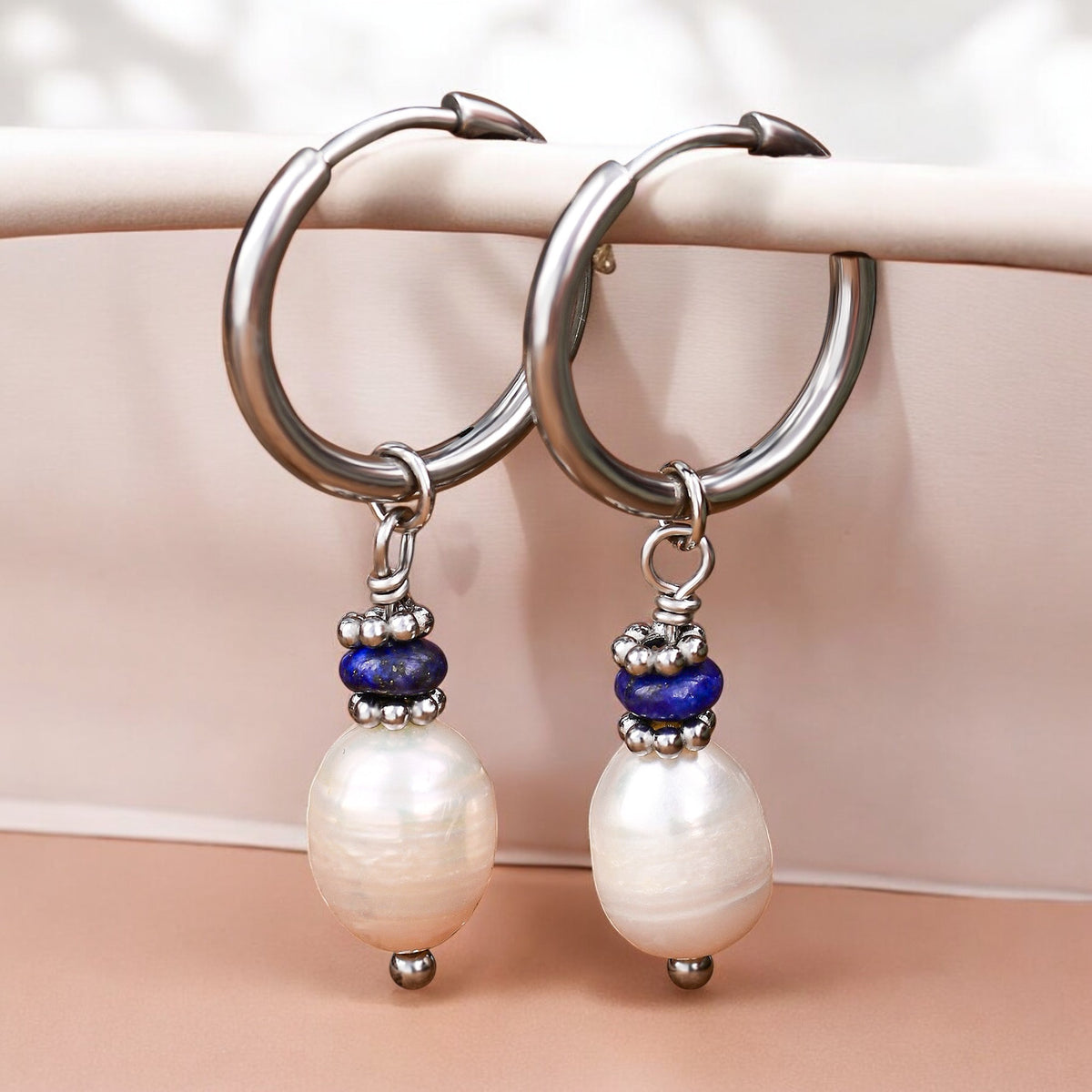 Silver Lapis Lazuli Pearl Hoop Earrings