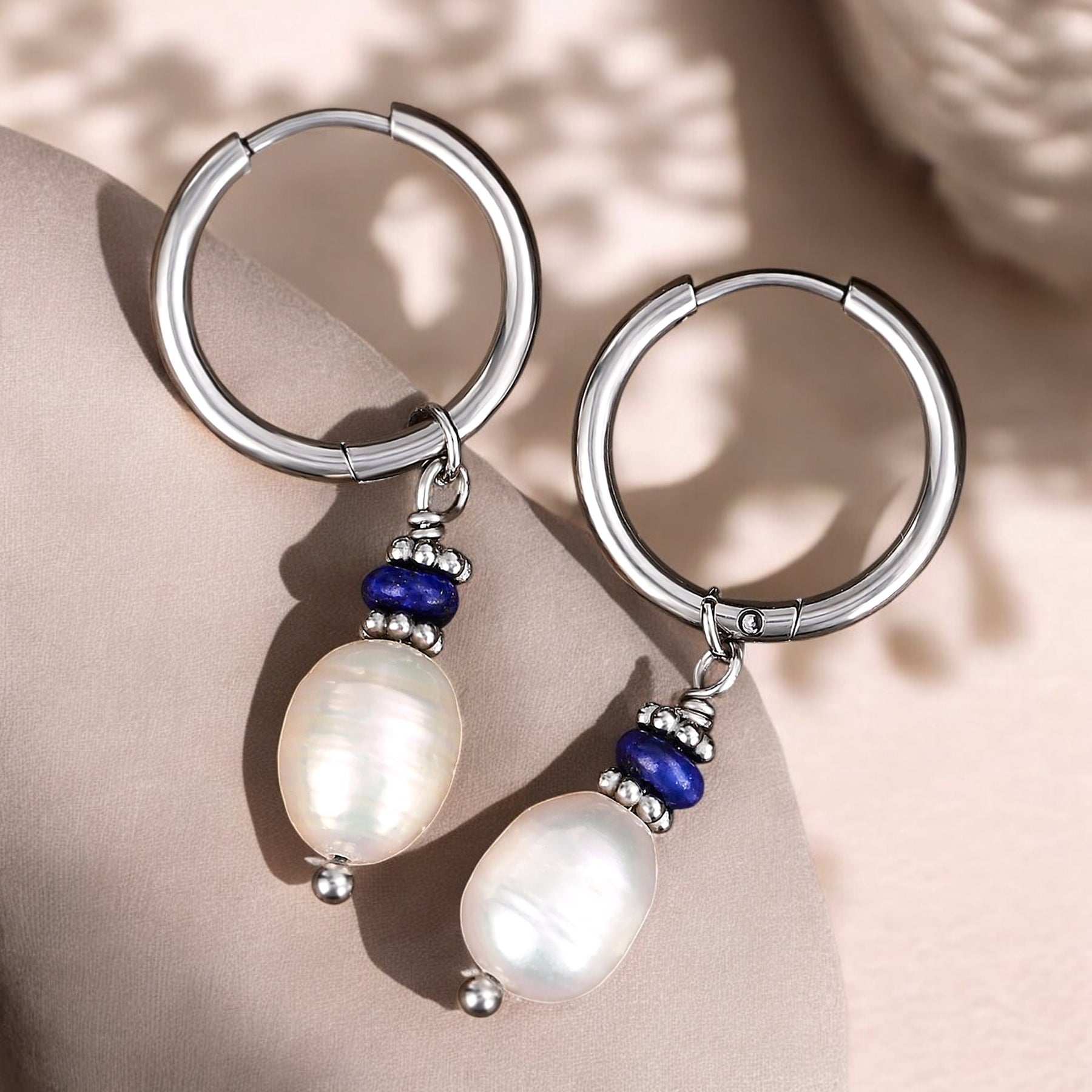 Silver Lapis Lazuli Pearl Hoop Earrings