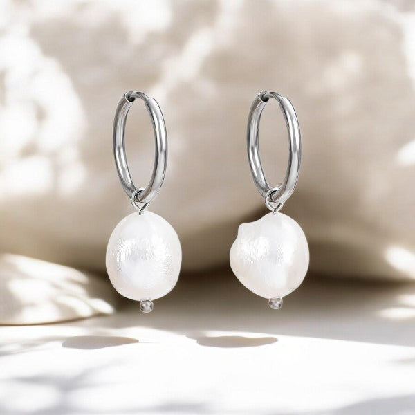 Silver Pearl Charm Hoop Earrings