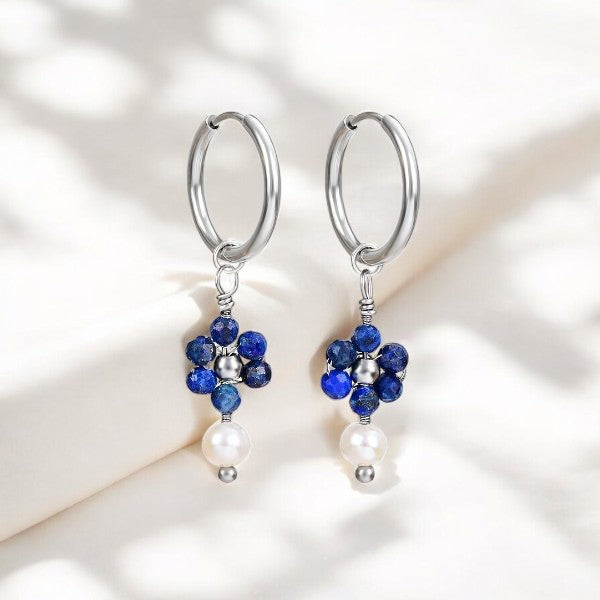 Silver Lapis Lazuli & Pearl Blossom Hoop Earrings