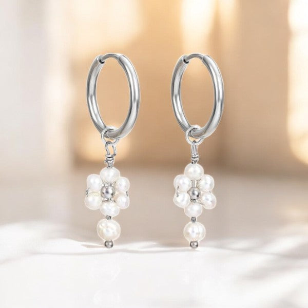 Silver Pearl Blossom Hoop Earrings