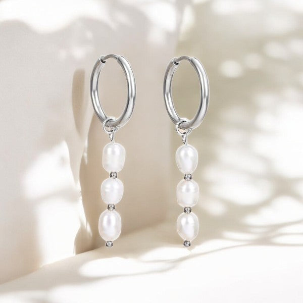 Silver Lustrous Cascade Pearl Hoop Earrings