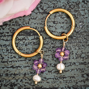 Amethyst Blossom Pearl Hoop Earrings