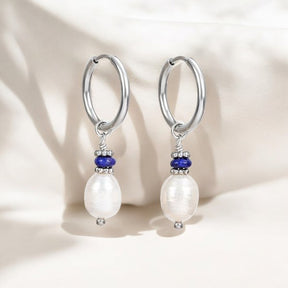 Silver Lapis Lazuli Pearl Hoop Earrings