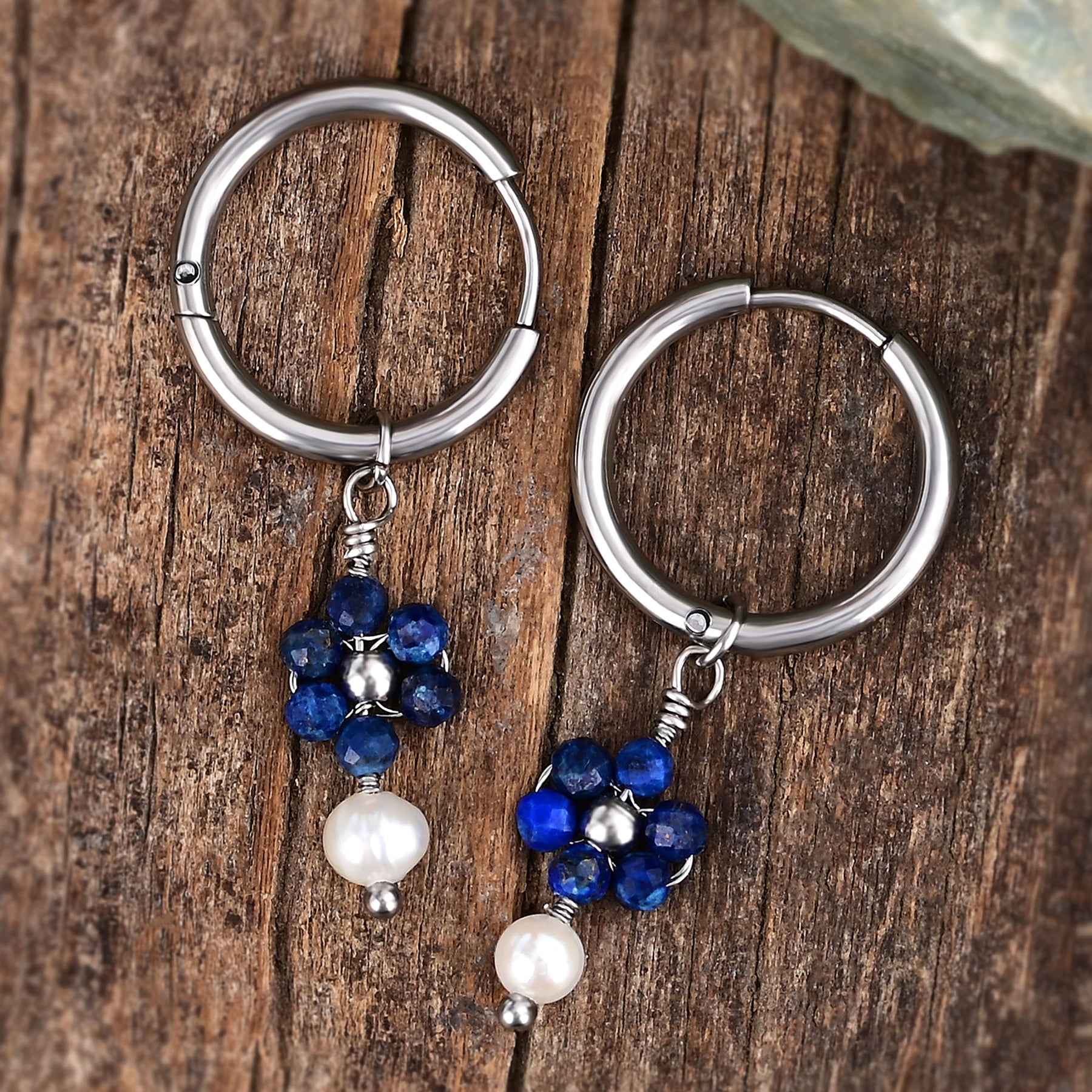 Silver Lapis Lazuli & Pearl Blossom Hoop Earrings