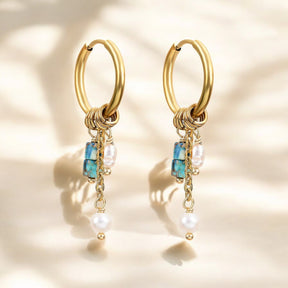 Golden Turquoise Bloom Drop Hoop Earrings