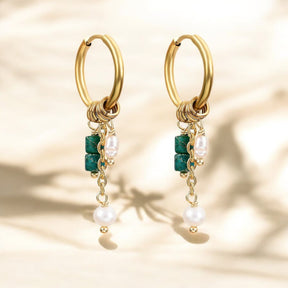 Golden Green Bloom Drop Hoop Earrings