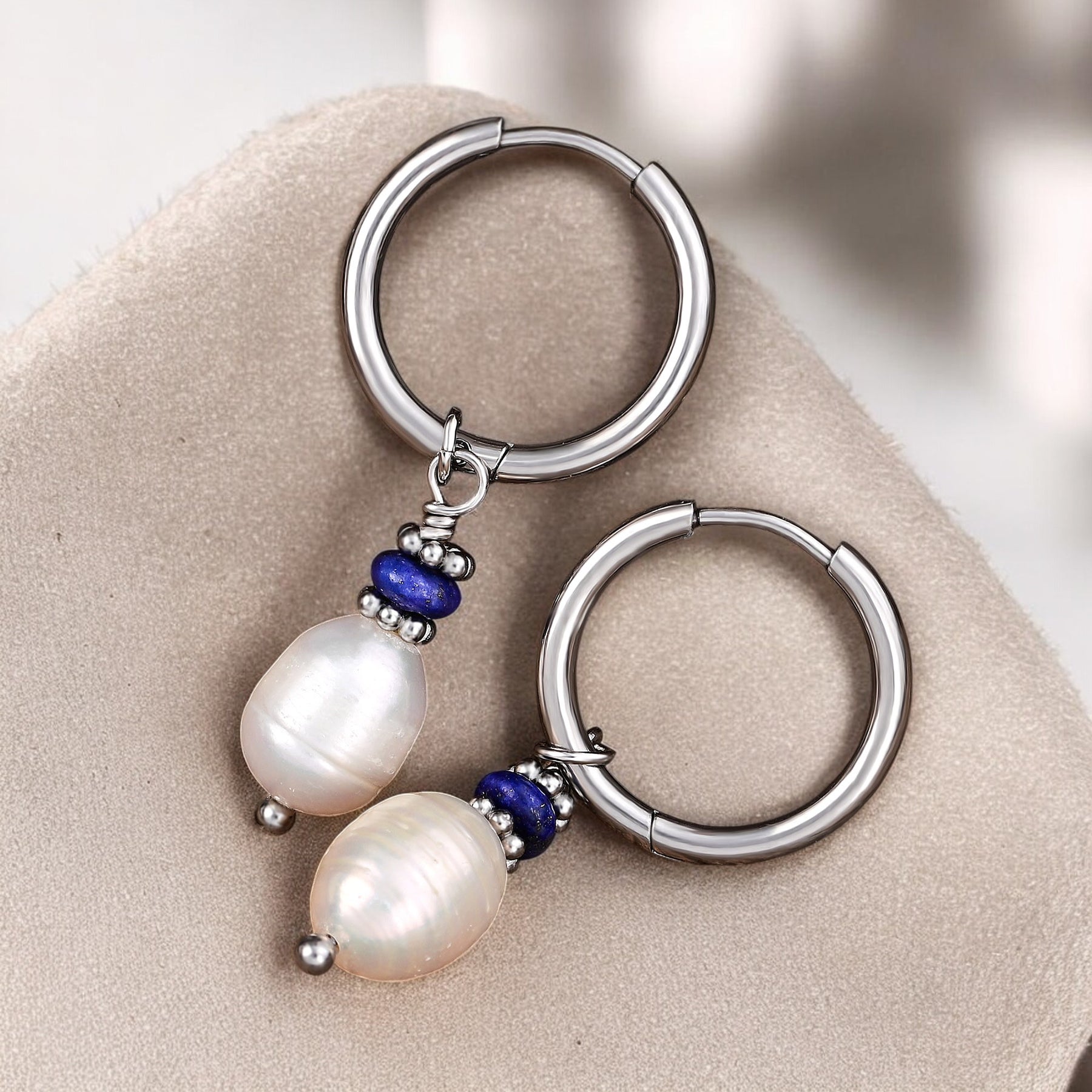 Silver Lapis Lazuli Pearl Hoop Earrings