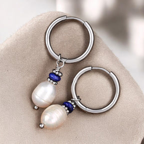 Silver Lapis Lazuli Pearl Hoop Earrings