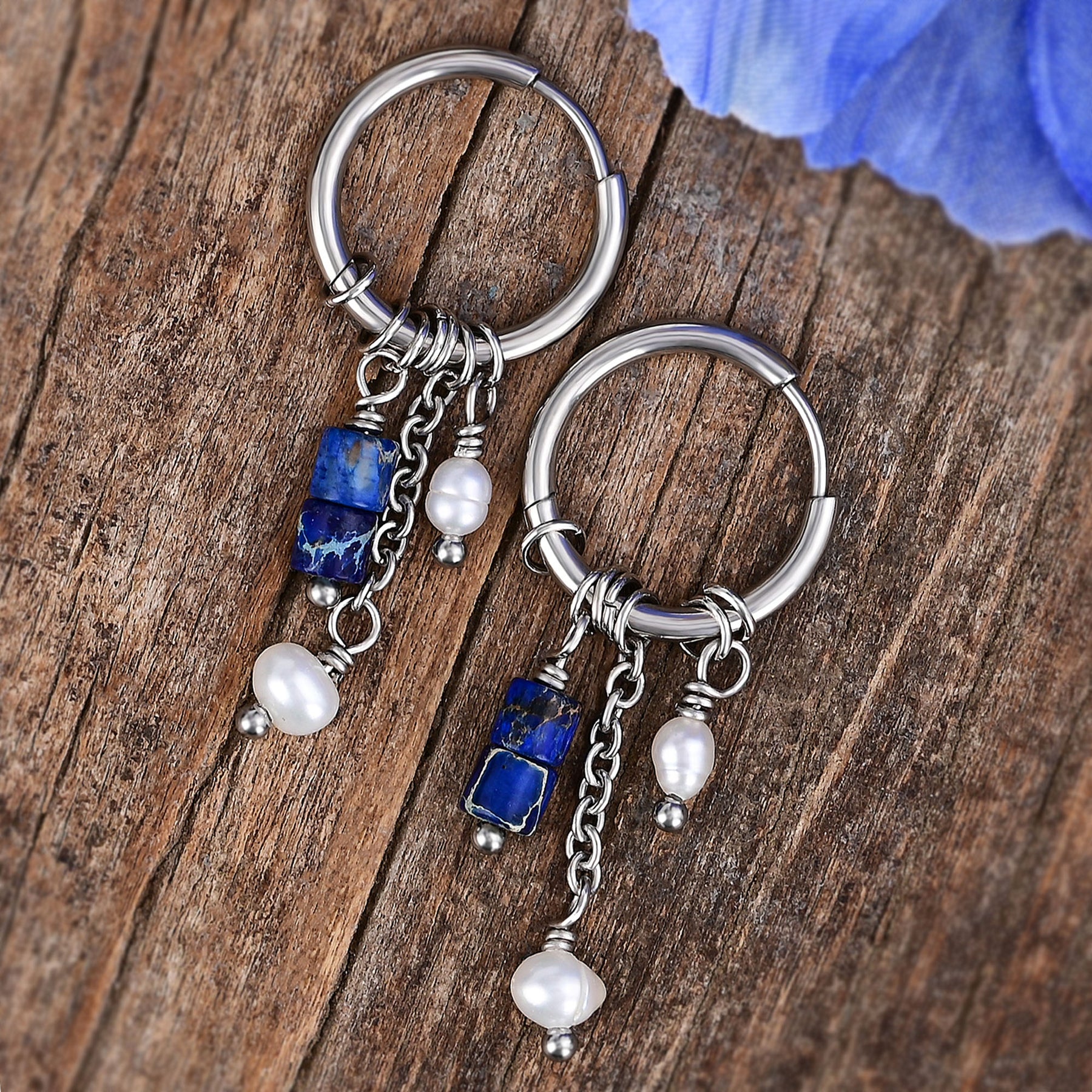 Silver Lapis Drop Hoop Earrings