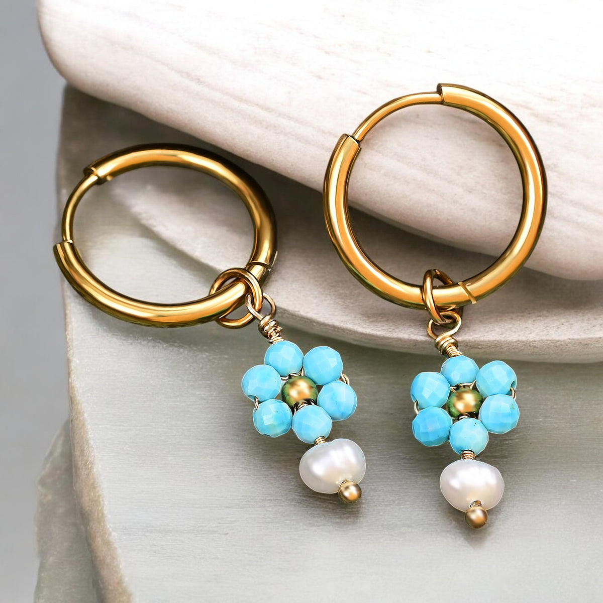 Turquoise Blossom Pearl Hoop Earrings
